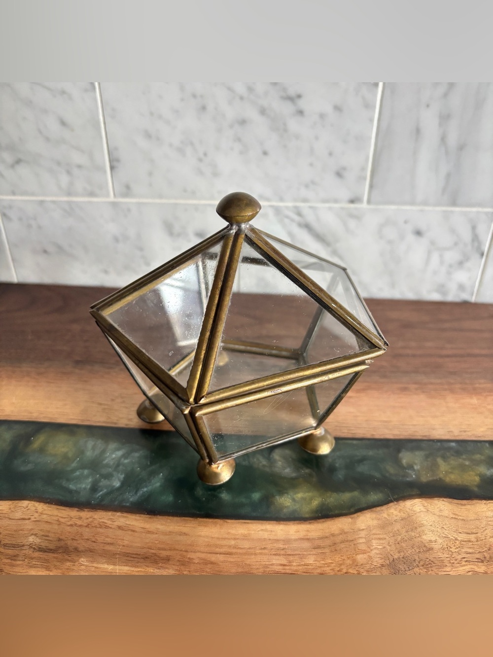 Vintage Pentahedron Glass and Brass Terrarium, Curio Display, Trinket Box
